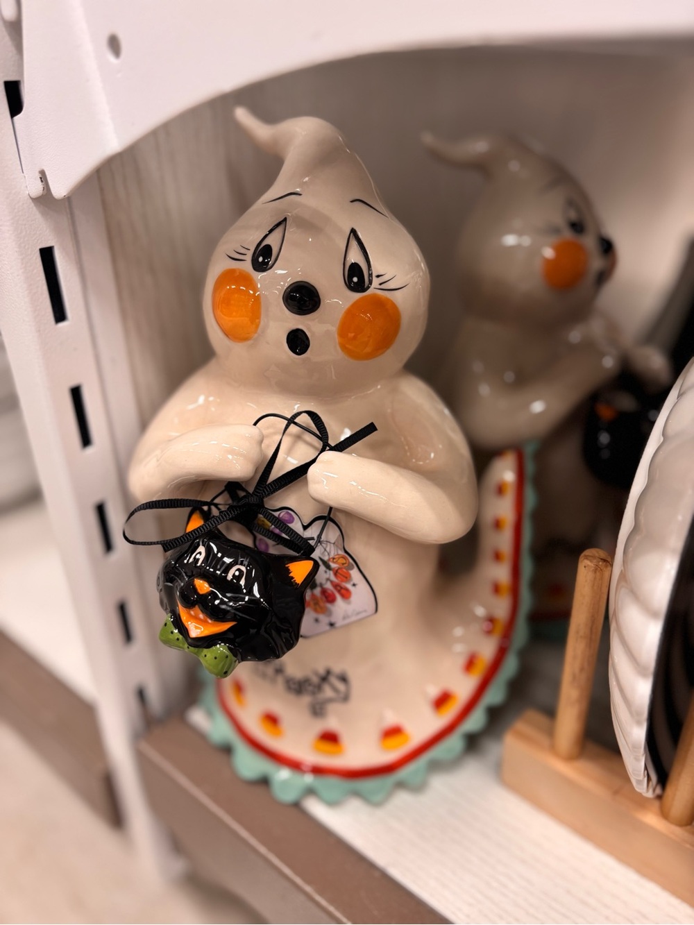 Blue sky Ceramic Ghost Figurine with Candy Corn Trim